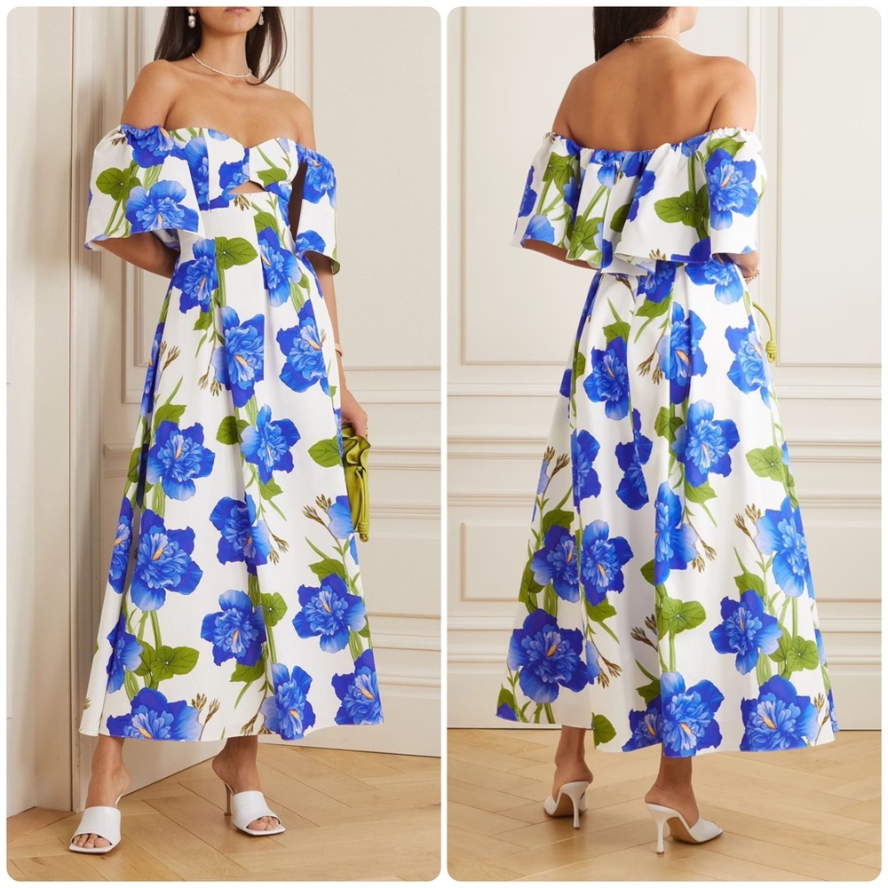 Borgo de Nor Giovanna Off Shoulder Blue Floral Twill Maxi Dress Sz UK 8 US 2/4